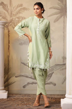 Pista Green Solid Color Muslin Kurta Set