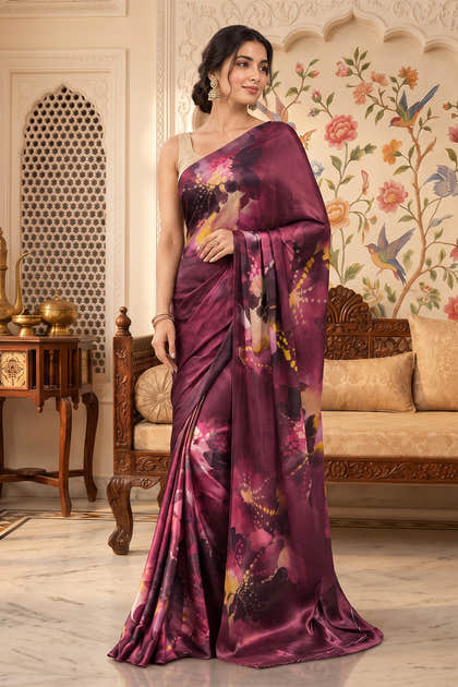 Maroon Satin Abstract Printed Saree