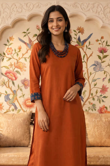 Rust Solid Color Cotton Kurta Set