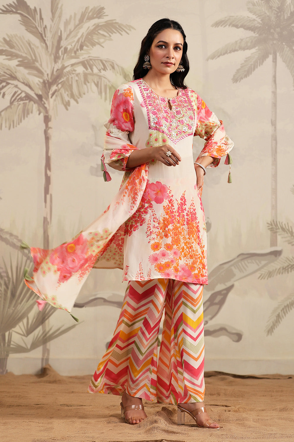 Cream Color Floral Printed Crepe Suit With Palazzo