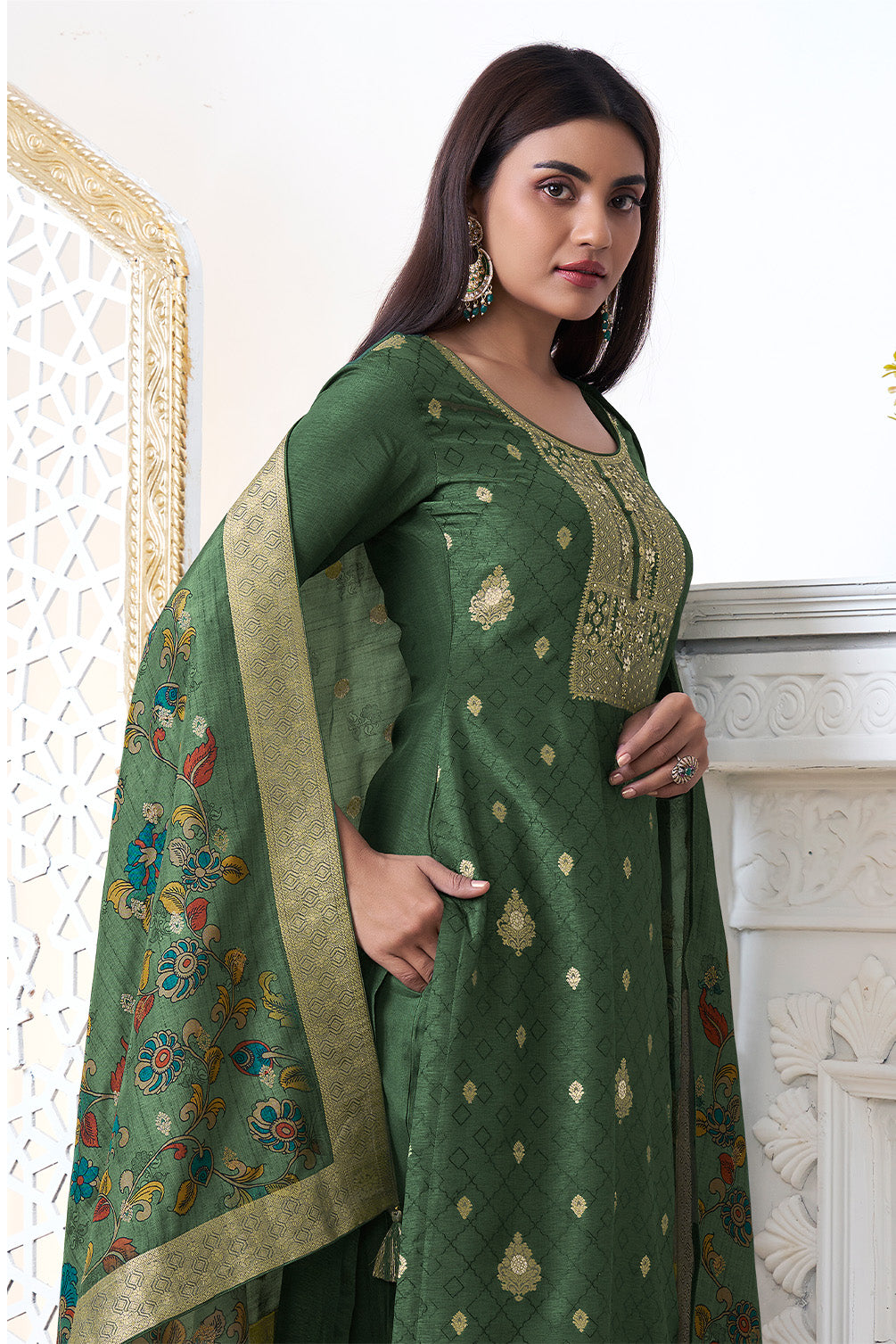 Green Silk Zari Woven Suit Set