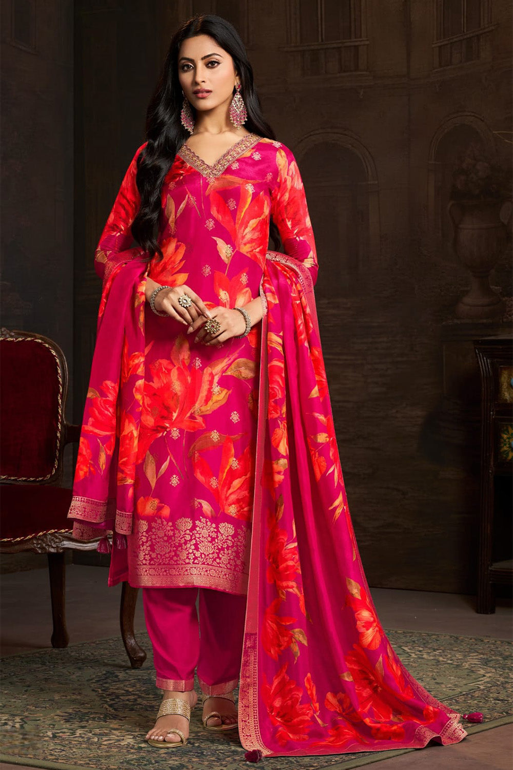 Rani Color Silk Floral Printed & Zari Woven Suit Set