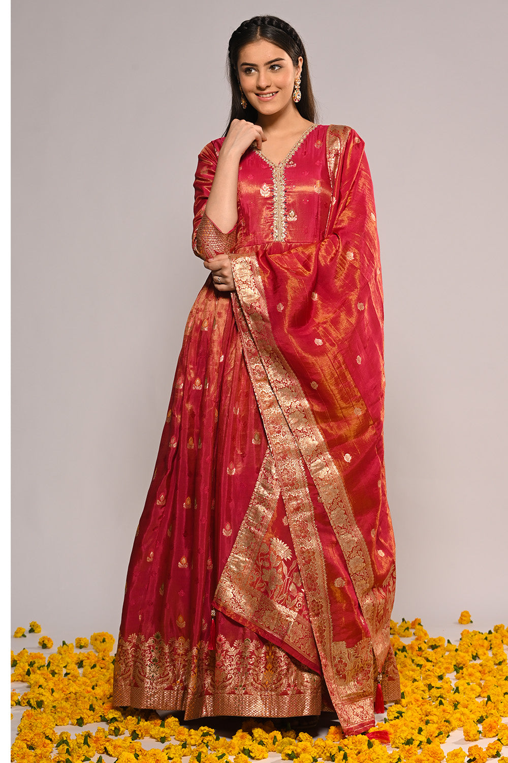 Fuchsia Pink Color Mantellic Tissue Embroidered and Woven Anarkali Suit
