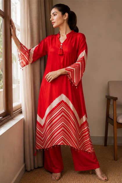 Red Mulberry Silk Printed Kurta Set