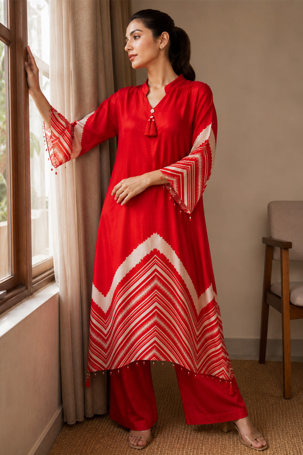 Red Mulberry Silk Printed Kurta Set
