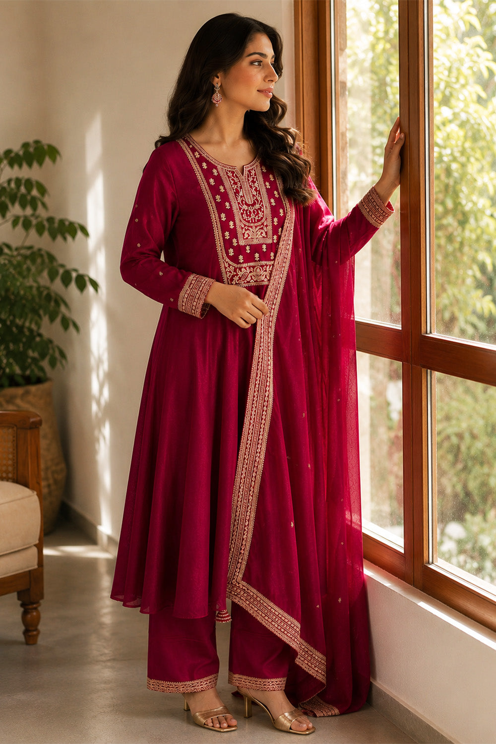Maroon Crepe Silk Zari and Sequins Embroidered Anarkali Suit