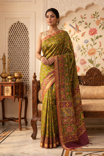 Green Cotton Printed And Woven Border Saree