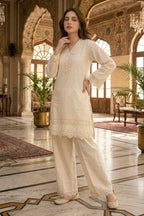 Cream Cotton Resham Embroidered And Lace Work Kurta Set
