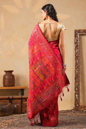Cherry Red South Silk Zari And Resham Woven Saree