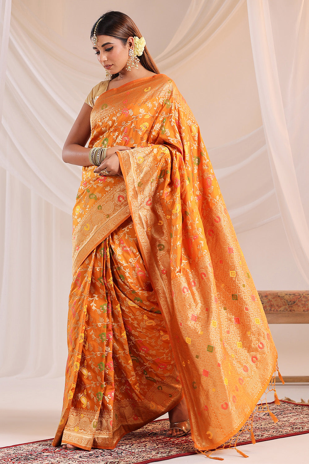 Mustard Resham & Zari Floral Woven Silk Saree
