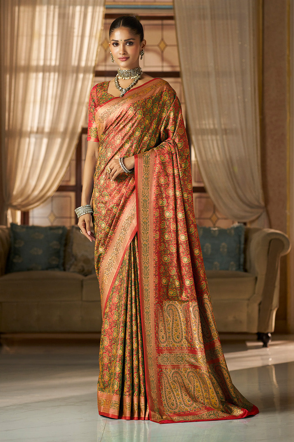 Red Color Minakari Woven Silk Saree