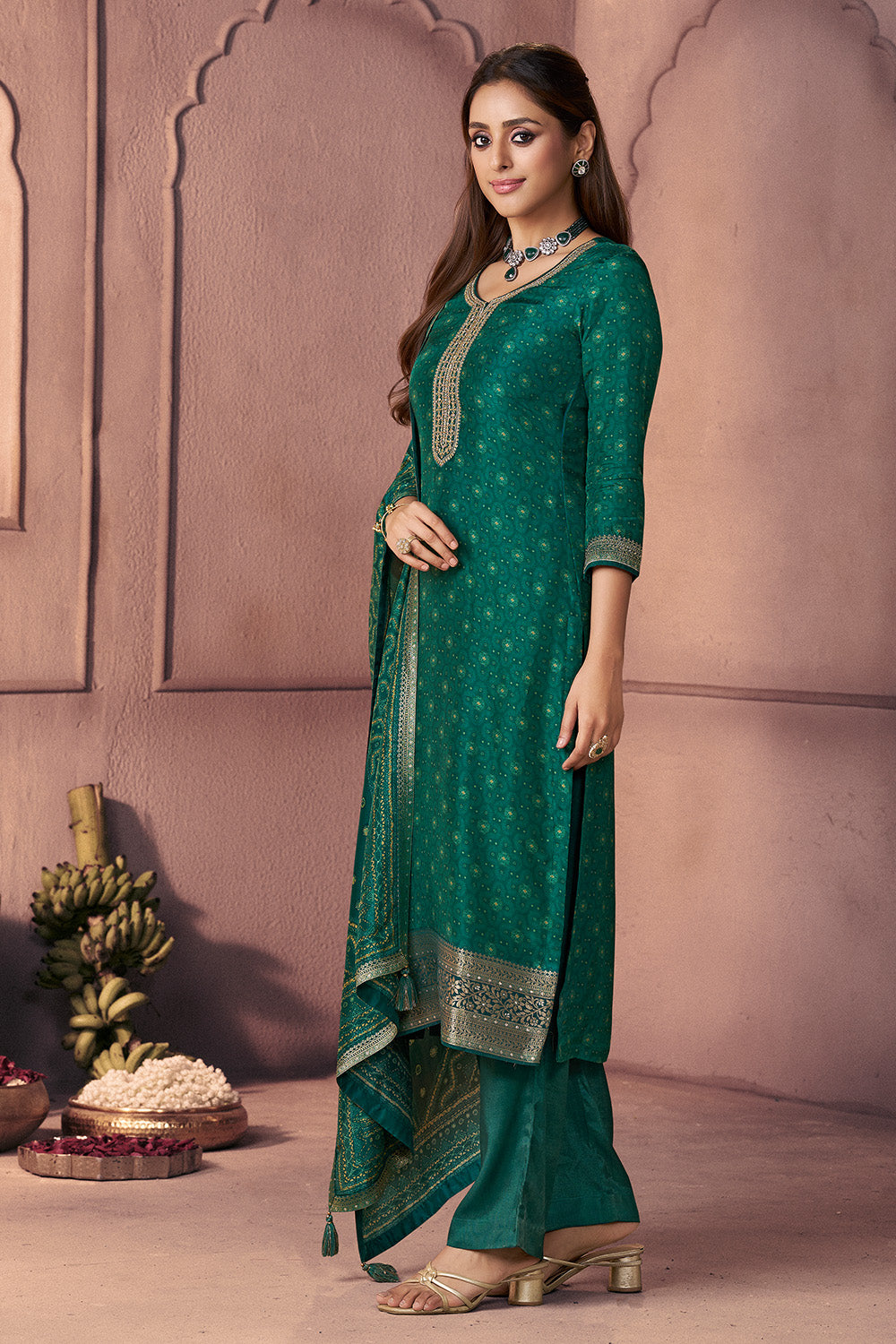 Teal Green Neck-Embroidered And Printed Suit Set