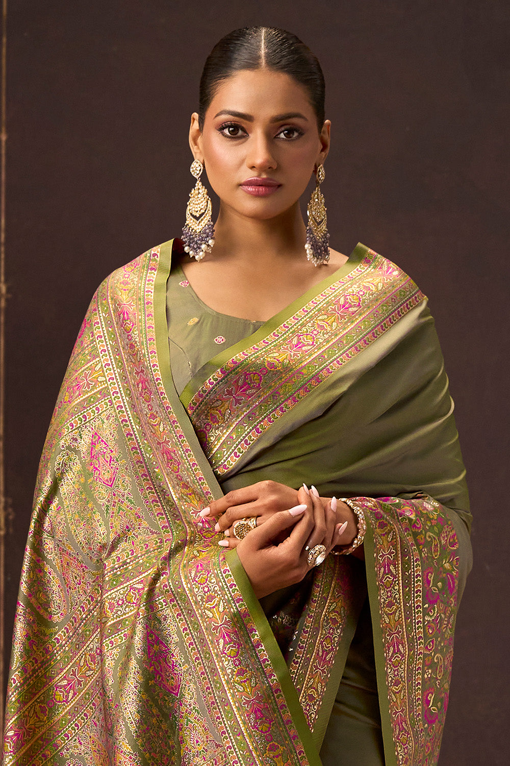 Mehandi Color Soft Silk Kalamkari Woven Saree