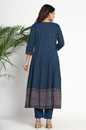 Peacock Blue Color Cotton Printed Anarkali Suit