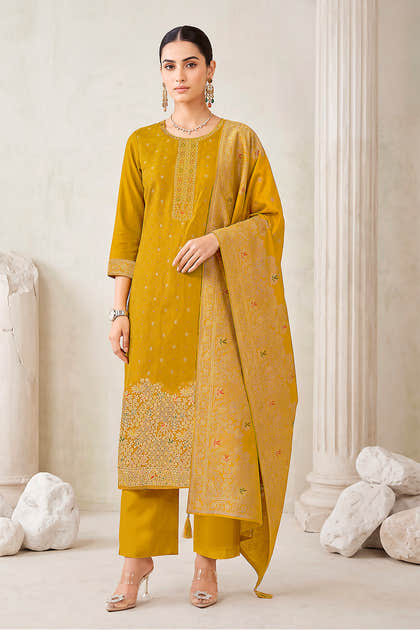 Mustard Pashmina Zari Woven Unstitched Suit Material