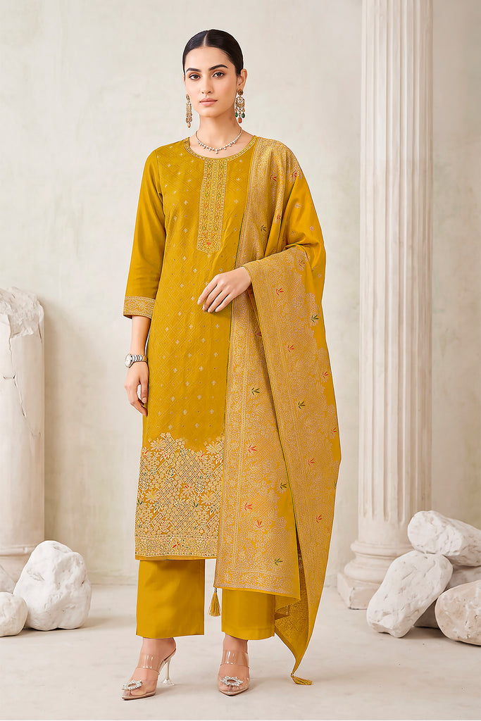 Mustard Pashmina Zari Woven Unstitched Suit Material