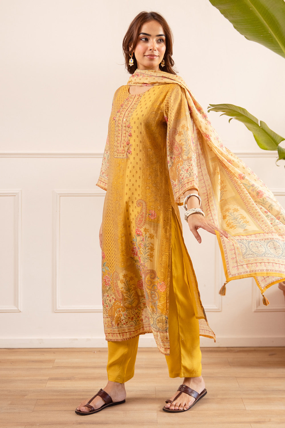 Mustard Chanderi Silk Printed Straight Suit