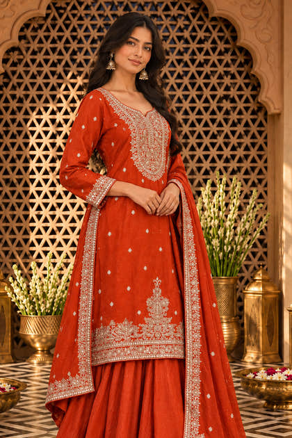 Rust Crepe Silk Embroidered Suit With Sharara