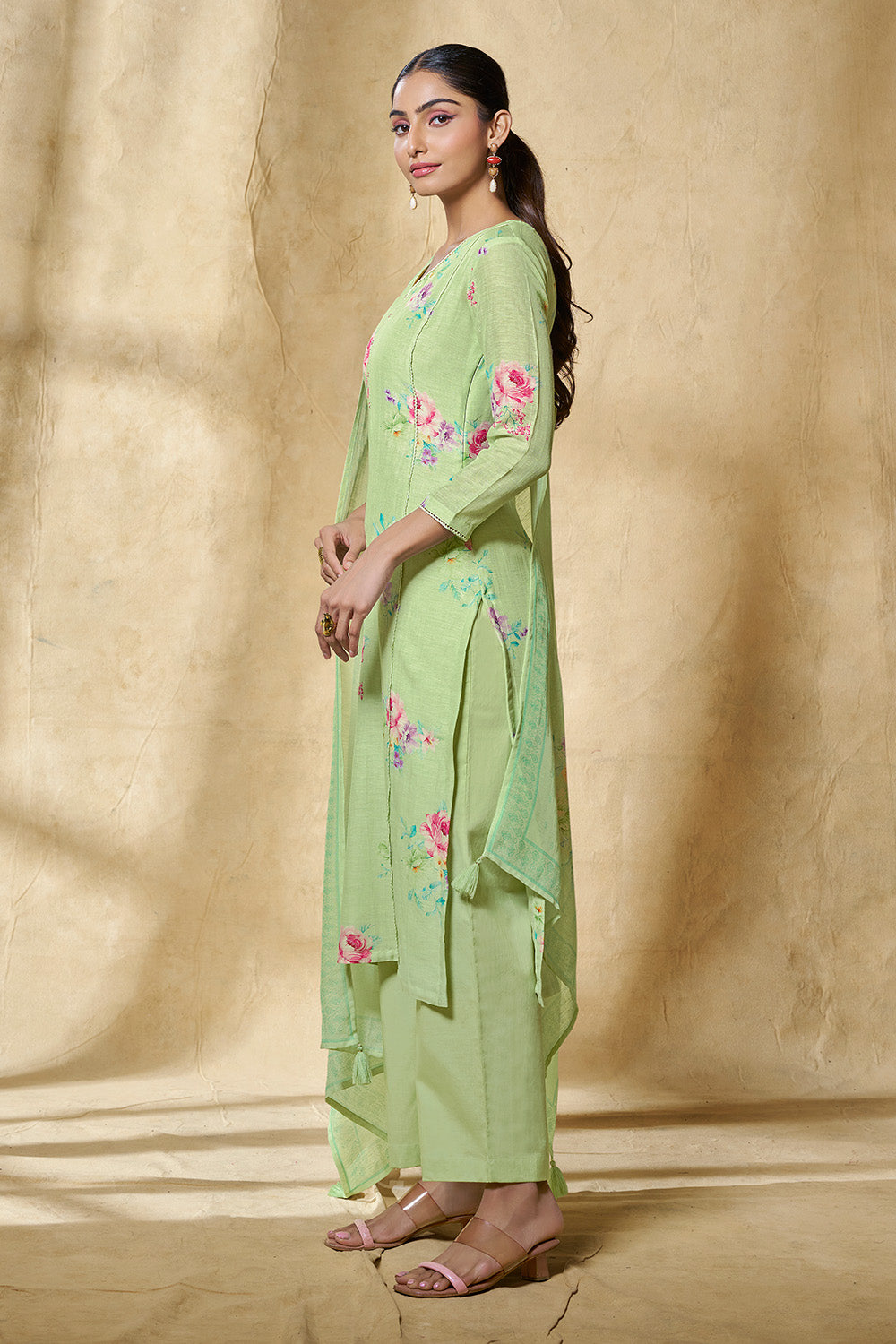 Pista Green Chanderi Cotton Floral Printed Suit Set