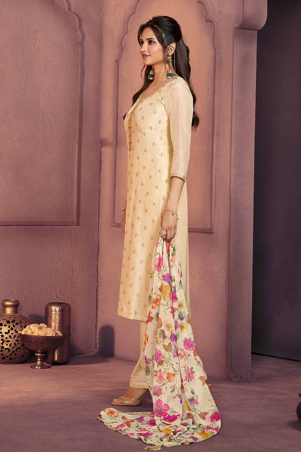 Cream Embroidered Suit Set