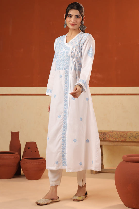White & Blue Cotton Resham Embroidered Angrakha Style Kurta