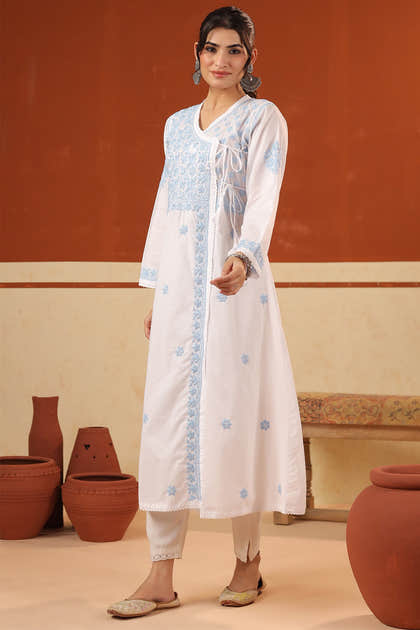 White & Blue Cotton Resham Embroidered Angrakha Style Kurta