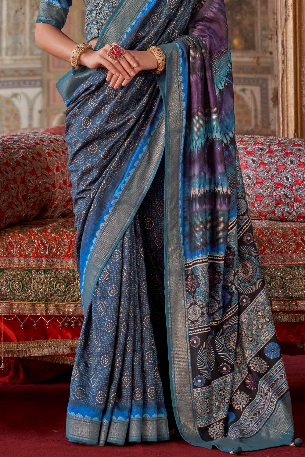 Blue Color Bandhani Printed Gajji Silk Saree