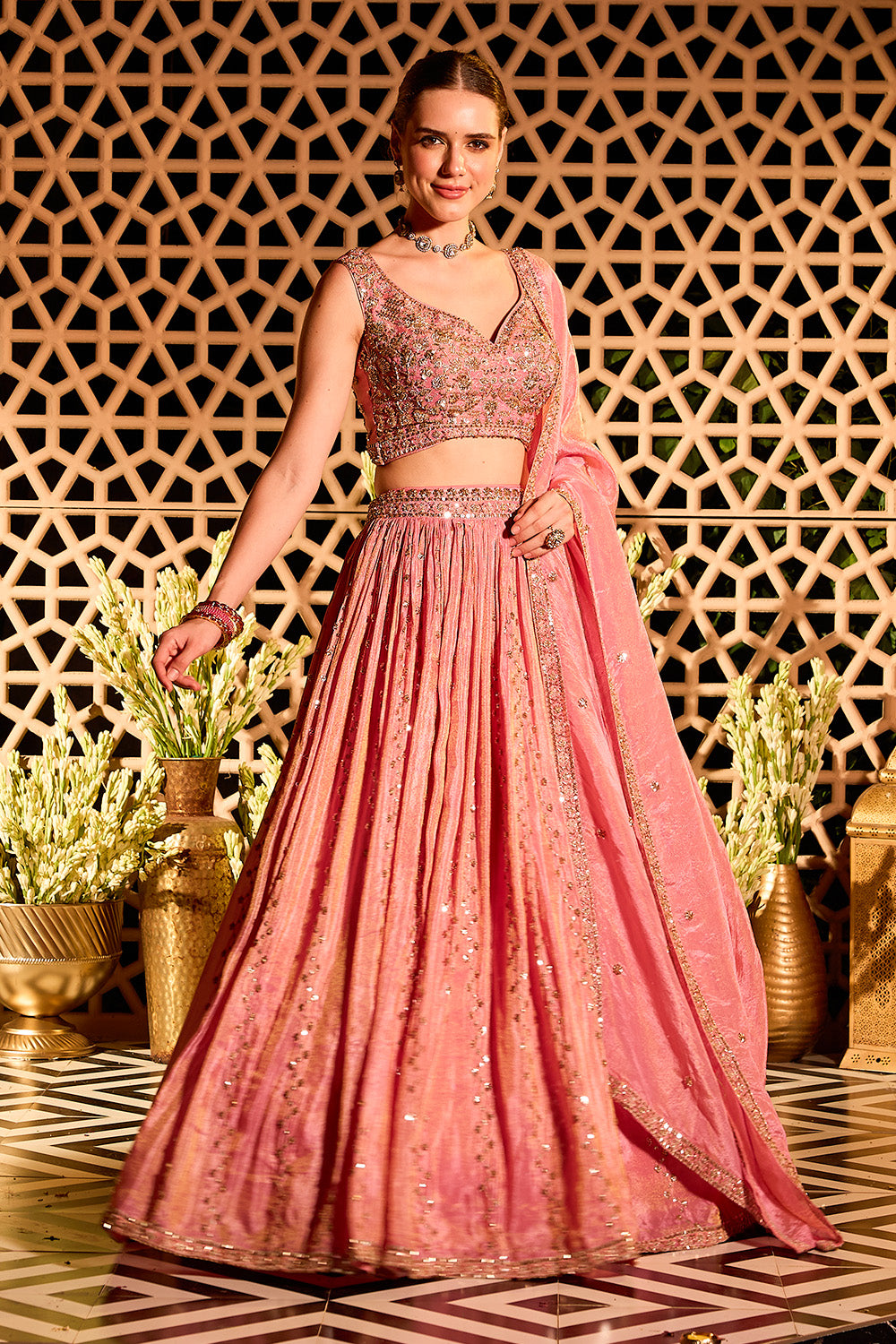 Pink Tissue Silk Embroidered Lehanga