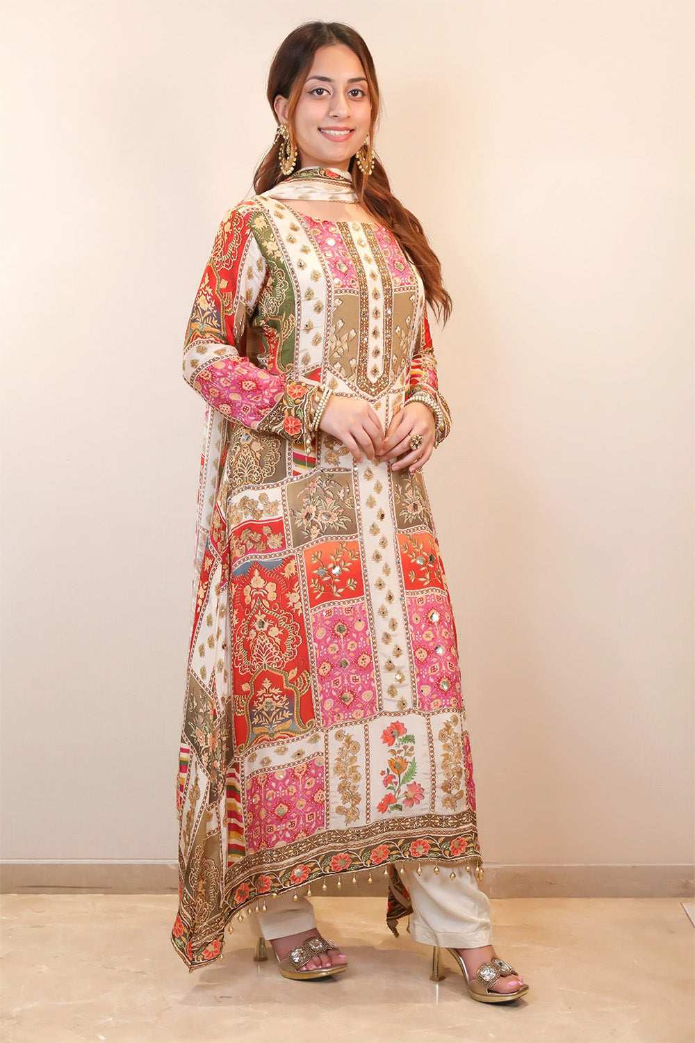 Cream Crepe Silk Printed Suit