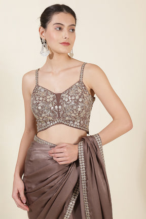 Pastel Brown Color Crepe Silk Sequins &amp; Zari Embroidered Saree with Readymade Blouse
