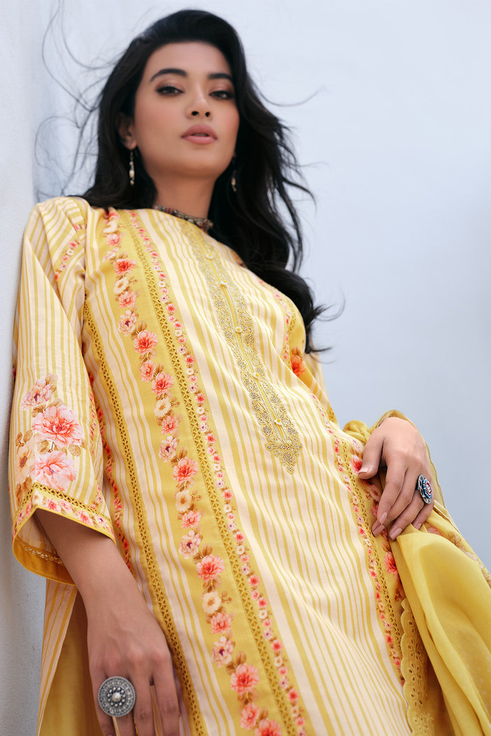 Yellow Color Cotton Floral Printed Unstitched Suit Material