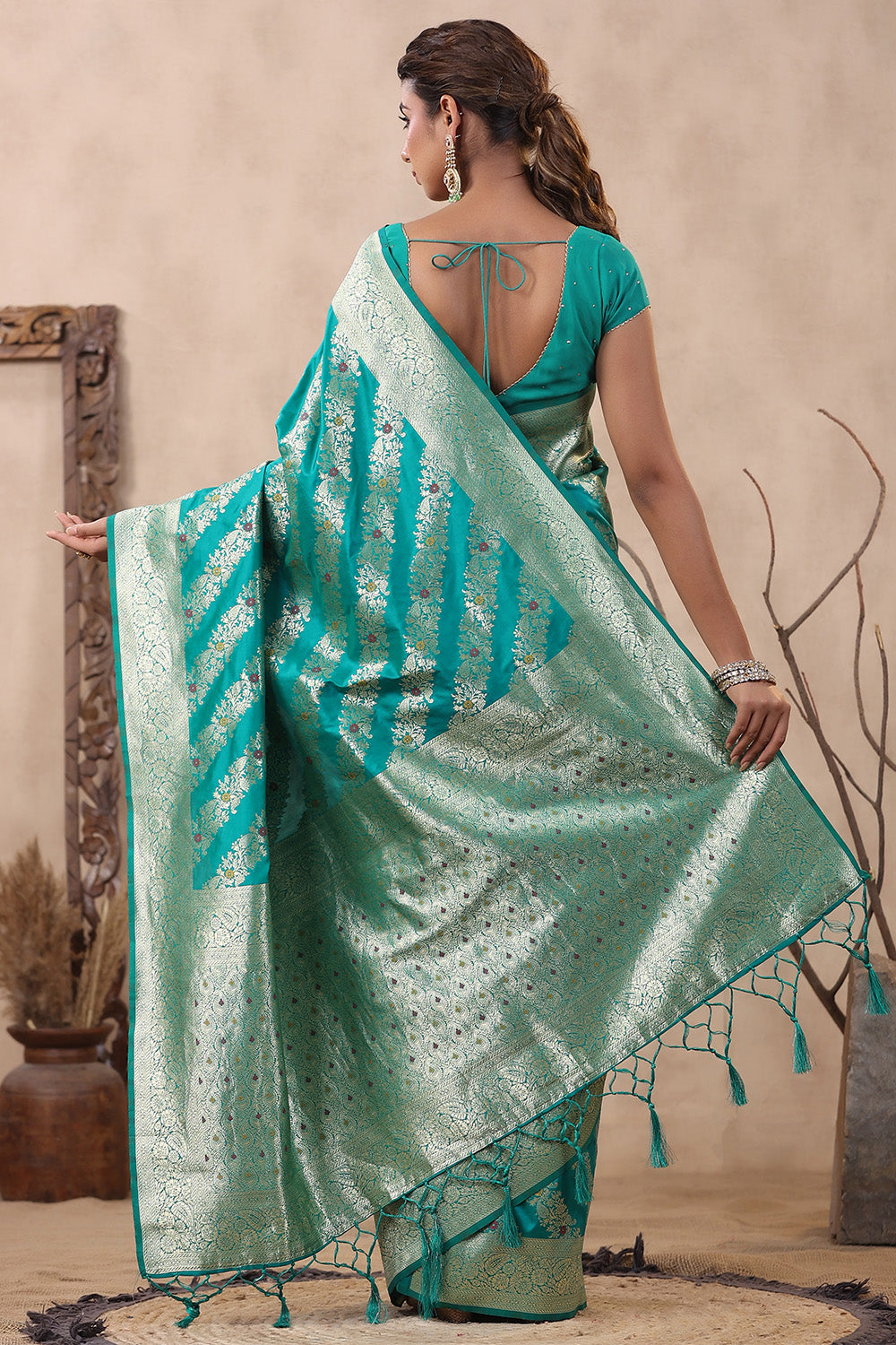 Teal Color Zari Woven Silk Saree