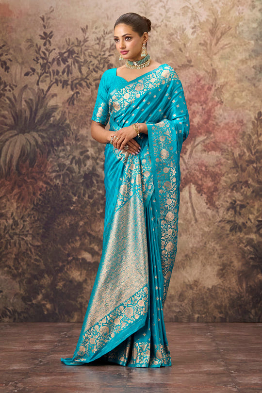 Pacific Blue Charmeuse Silk Zari Woven Saree