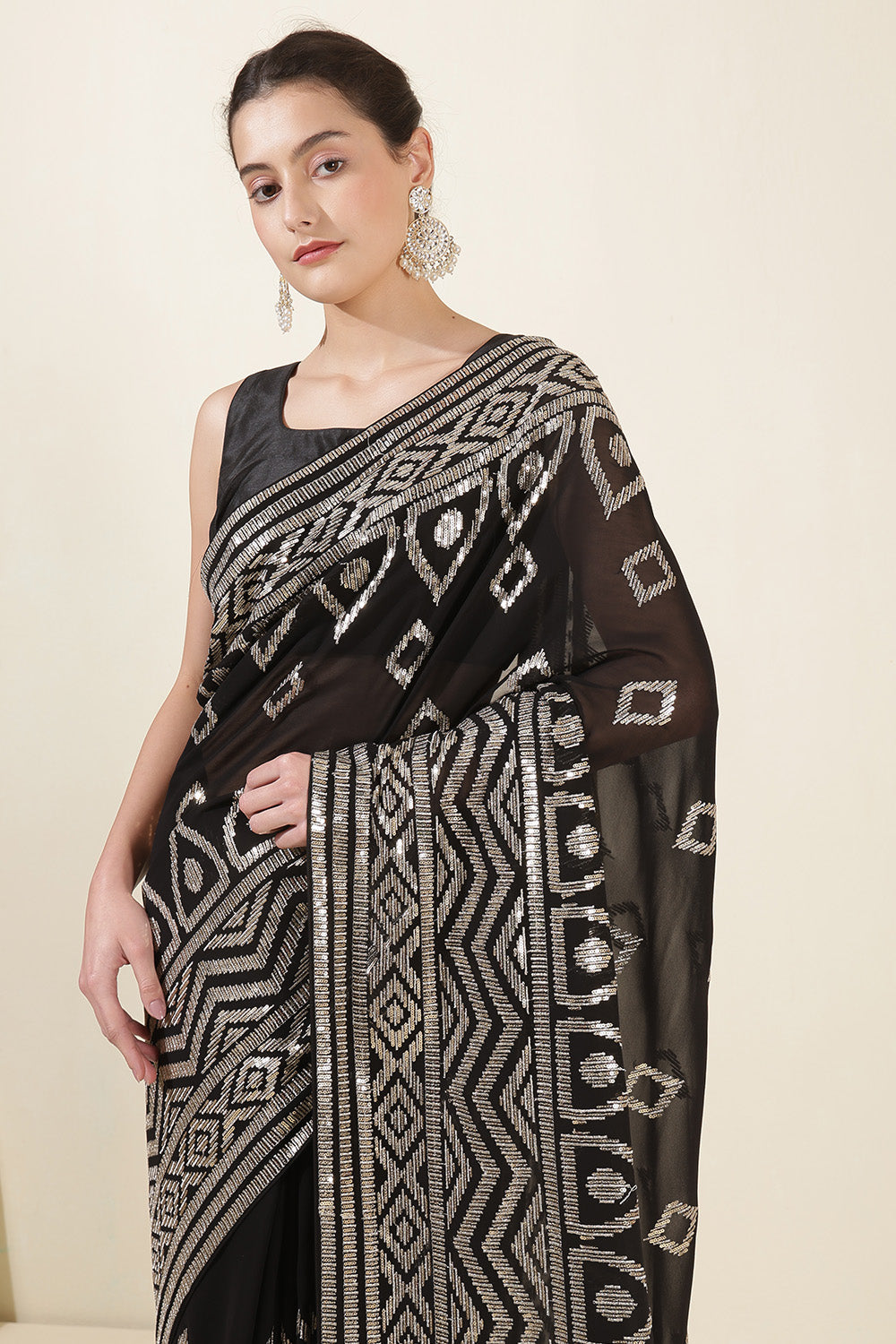 Black Color Georgette Sequins & Zari Embroidered Saree