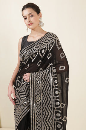 Black Color Georgette Sequins & Zari Embroidered Saree