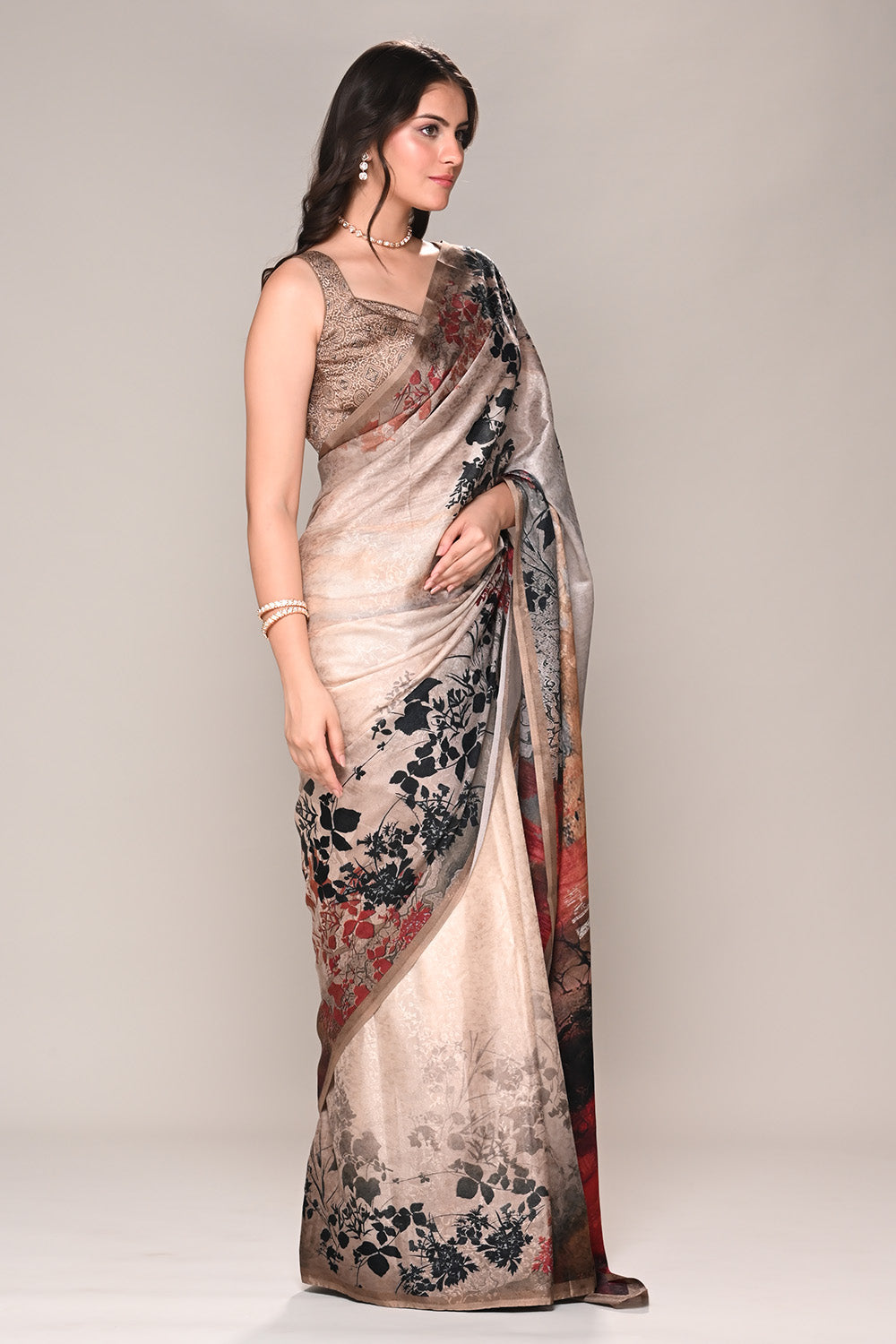 Beige Color Jacquard Silk Printed Saree