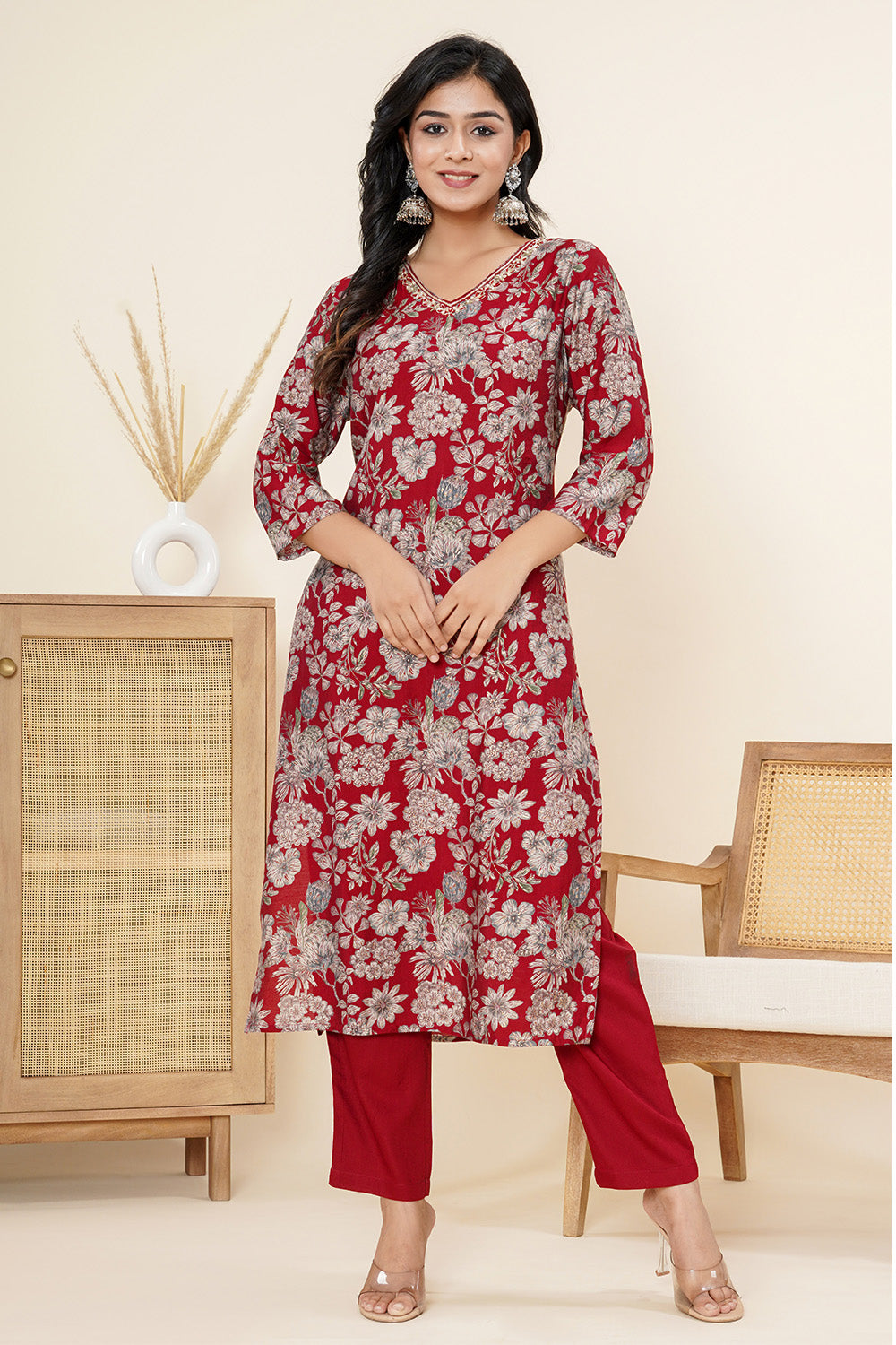 Maroon Color Printed & Neck Embroidered Muslin Suit