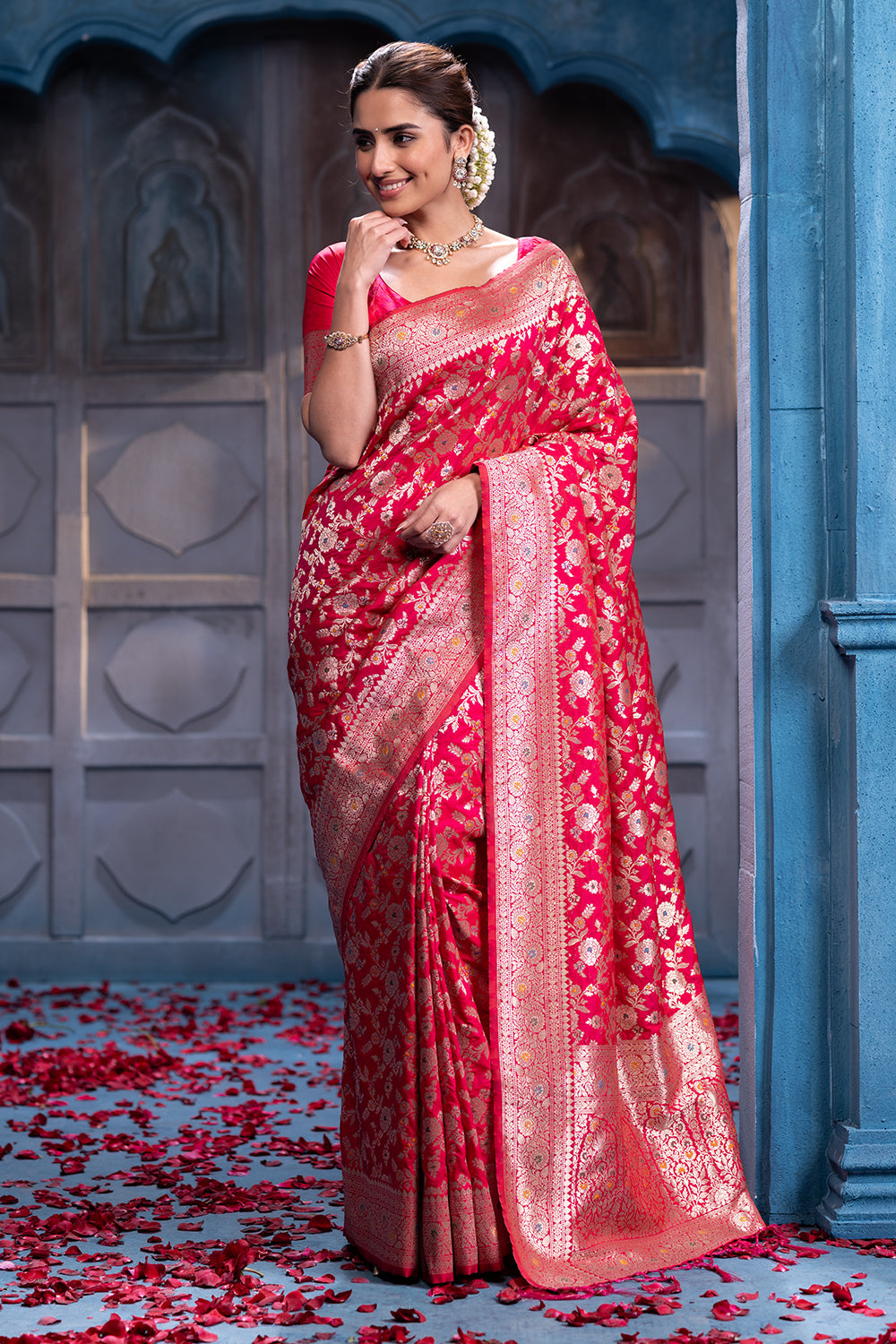 Cheery Red Colour Banarasi Silk Woven Saree