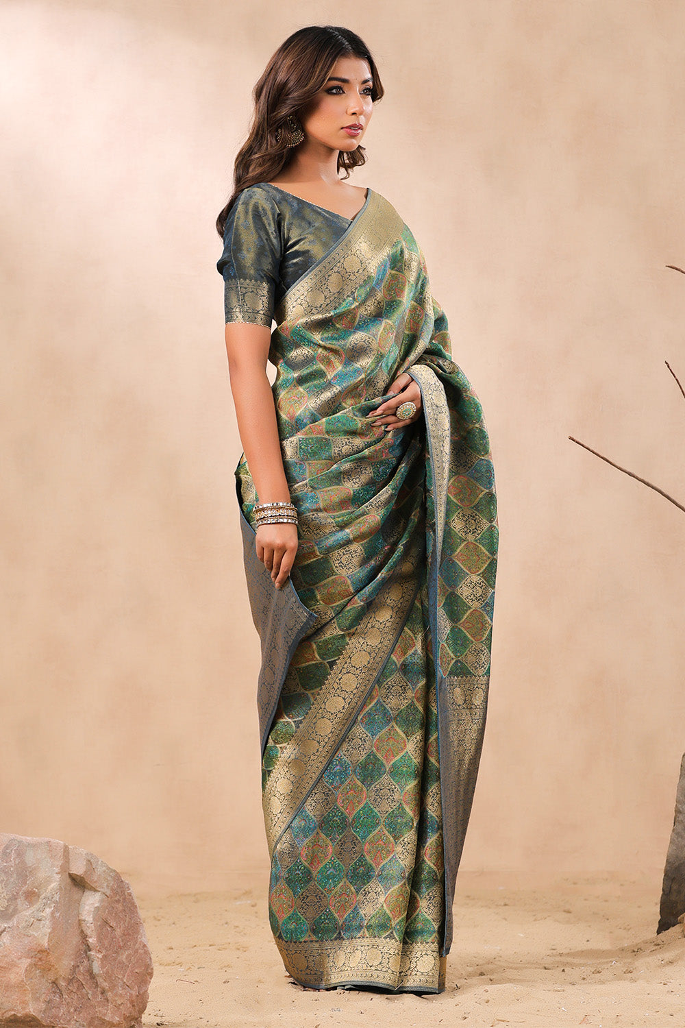 Teal Color Banarasi Woven Silk Saree