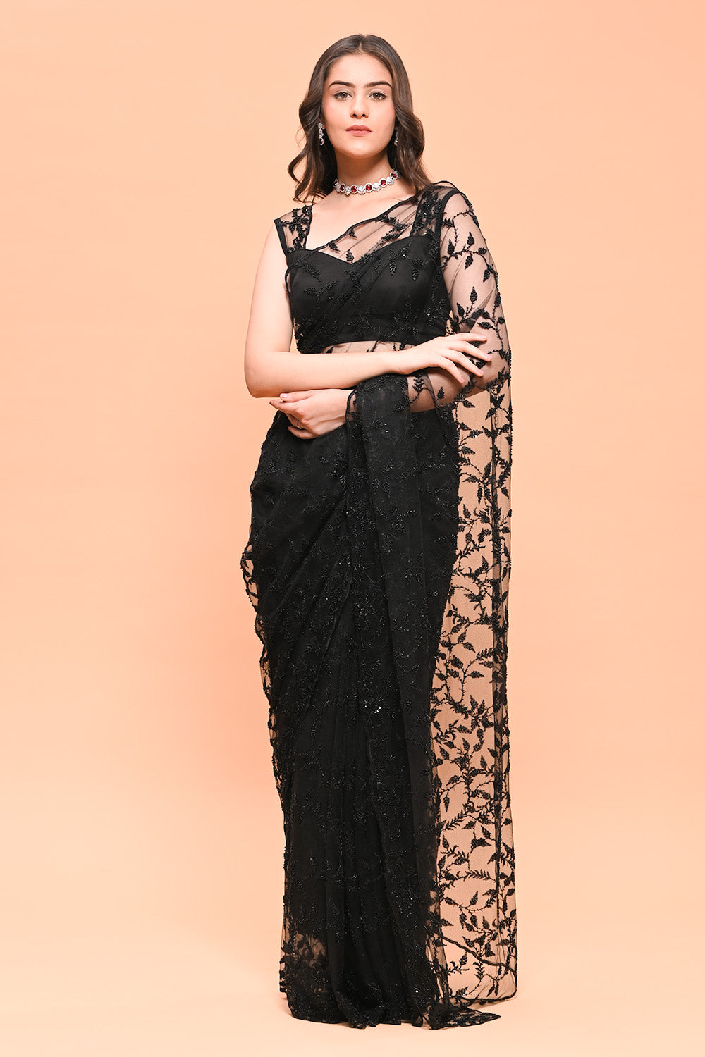 Black Color Net Cut-Dana Work Saree