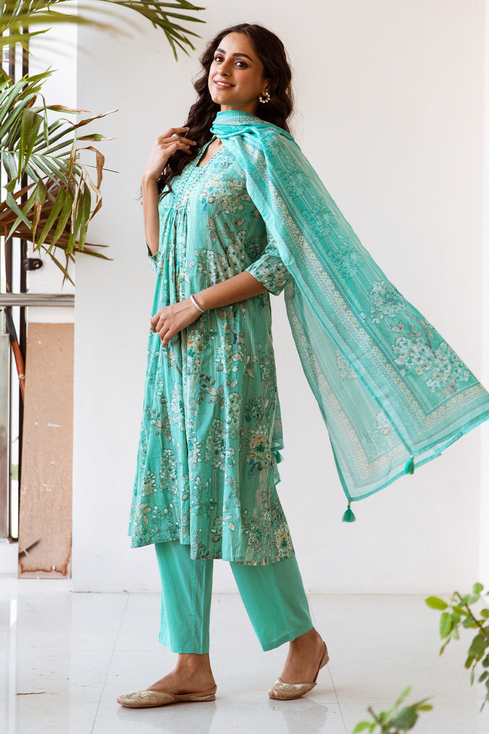 Mint Green Color Floral Printed Cotton Anarkali Suit Set