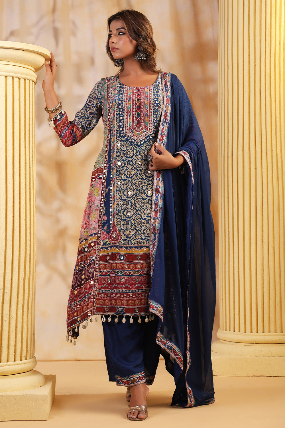 Blue Color Crepe Embroidered and Printed Suit