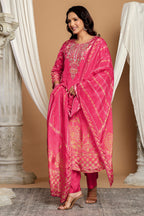Magenta Pink Chanderi Silk Printed Straight Suit