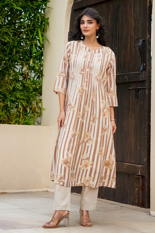 Light Brown Muslin Floral Printed Kurta Set