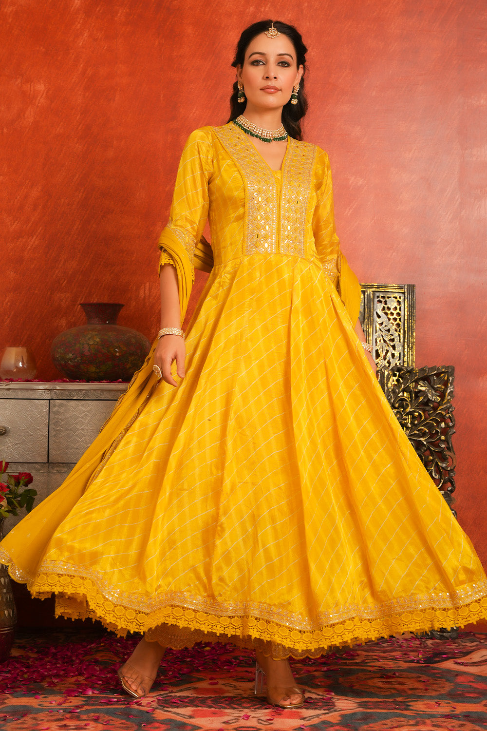 Mustard Color Printed & Embroidered Silk Anarkali Suit