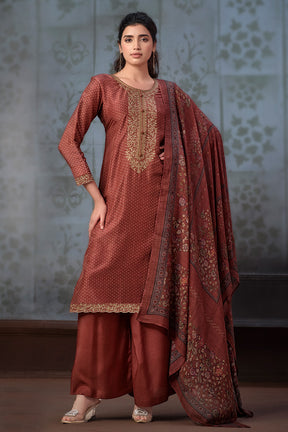 Maroon Colour Pashmina Printed  Unstitched Suit Material
