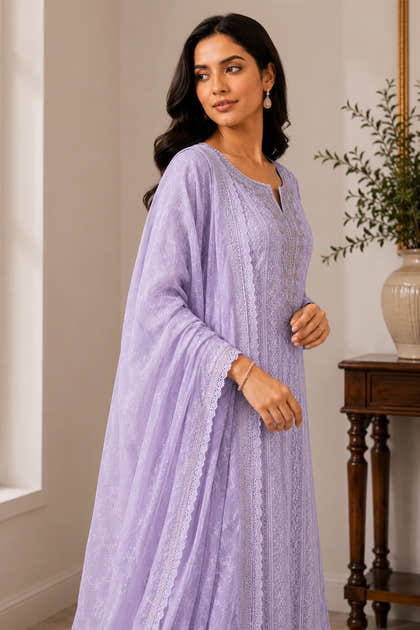 Lavender Georgette Chikankari Work Unstiched Suit