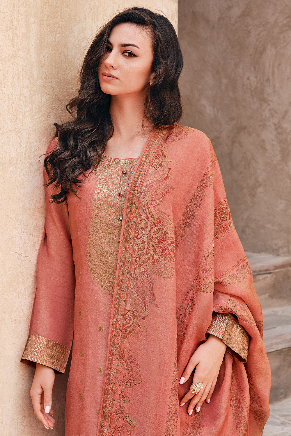 Coral Color Crepe Silk Woven Unstitched Suit Fabric