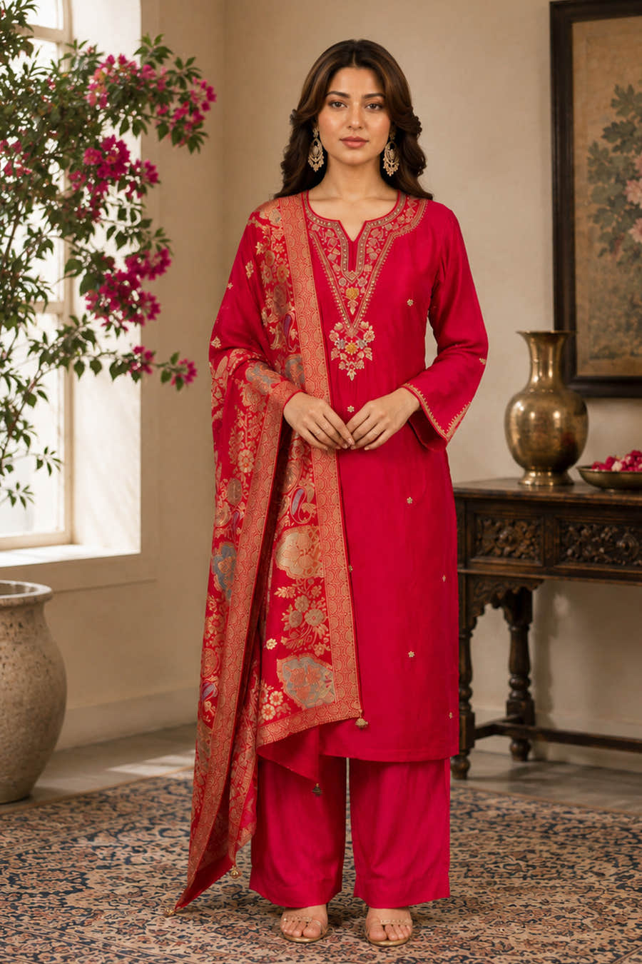 Rani Silk Embroidered Straight Suit With Banarsi Dupatta