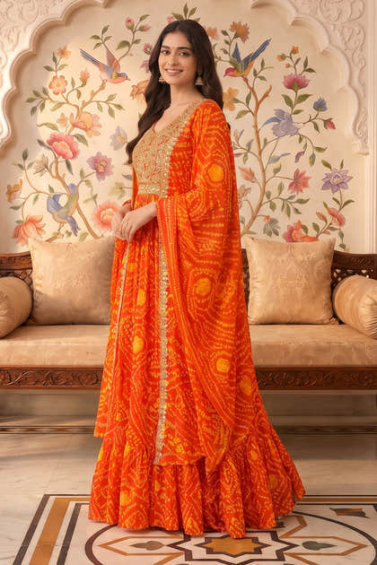 Orange Georgette Fabric Neck Embroidered & Bandhani Printed Anarkali KurtI